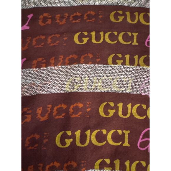 MSRP $330✨ Gucci Metallic Logo Scarf Wrap – 70” x 20” | Brown Pink Chartreuse ✨ - Picture 3 of 10